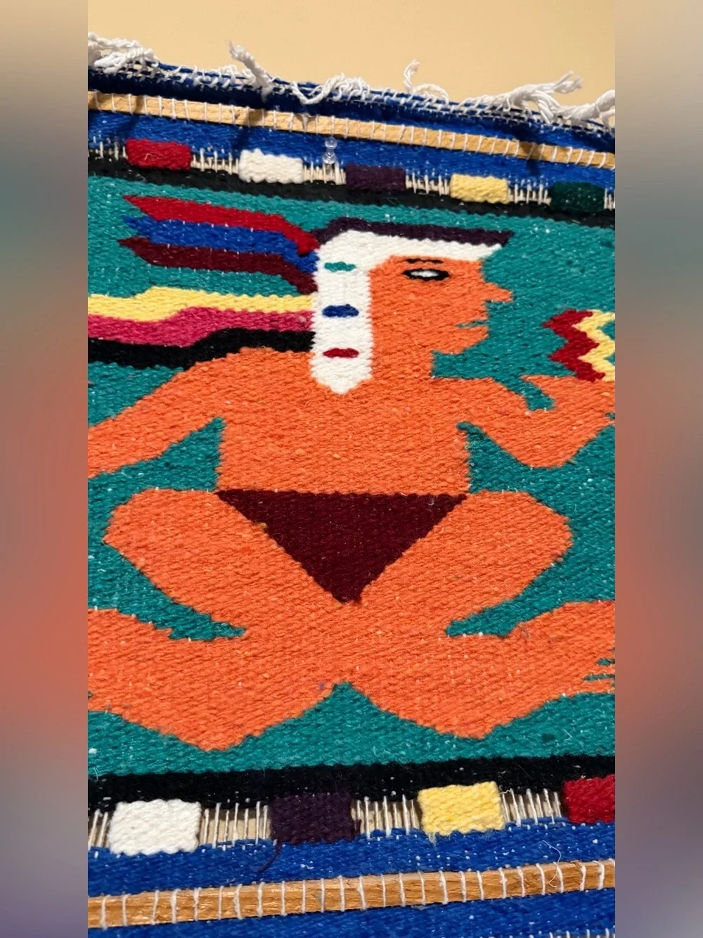 Vintage Mayan Aztec Tapestry Wall Hanging Handwoven Wool Boho Folk Art